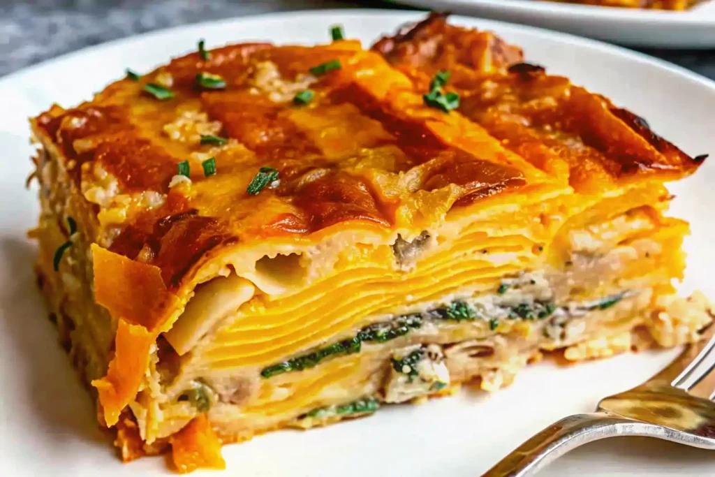 Invisible Butternut Squash Spinach and Mushroom Lasagna with creamy ricotta and mozzarella layers