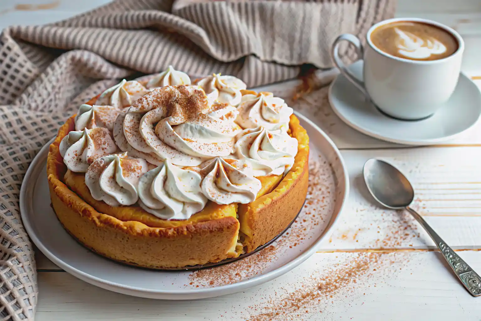Lighter Pumpkin Cottage Cheese Cheesecake topped with whipped cream and cinnamon