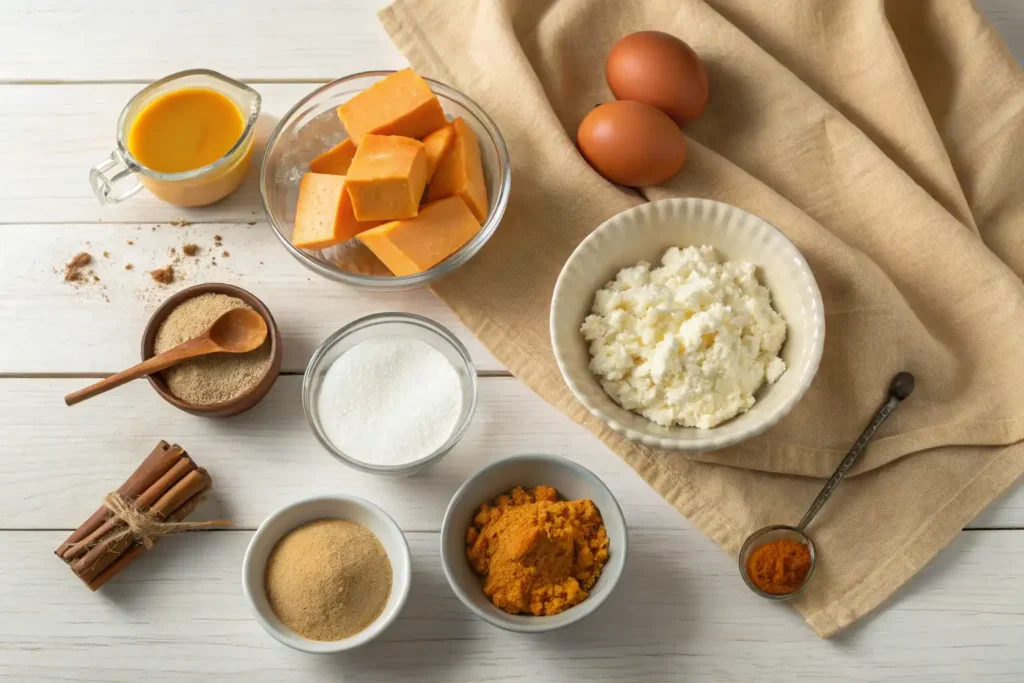 Ingredients for Lighter Pumpkin Cottage Cheese Cheesecake arranged on a wooden surface