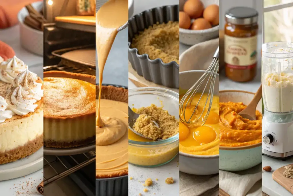 Step-by-step collage showing how to make Lighter Pumpkin Cottage Cheese Cheesecake from mixing to baking
