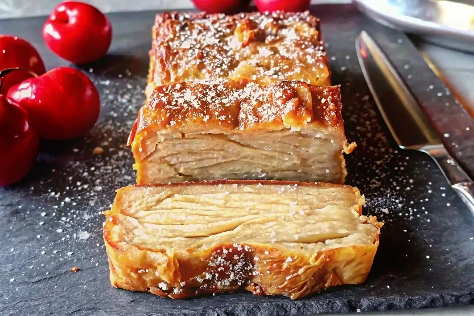 Step-by-step process for invisible apple cake almond flour with apples, batter, and baked cake.