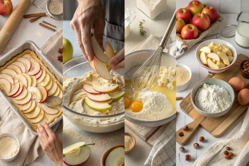 Preparing invisible apple cake almond flour batter with thin apple slices and cottage cheese.
