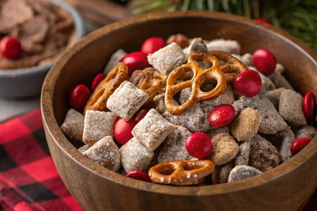 Stirring Chex cereal mix with melted white chocolate coating in a glass bowl for reindeer chow gluten free.