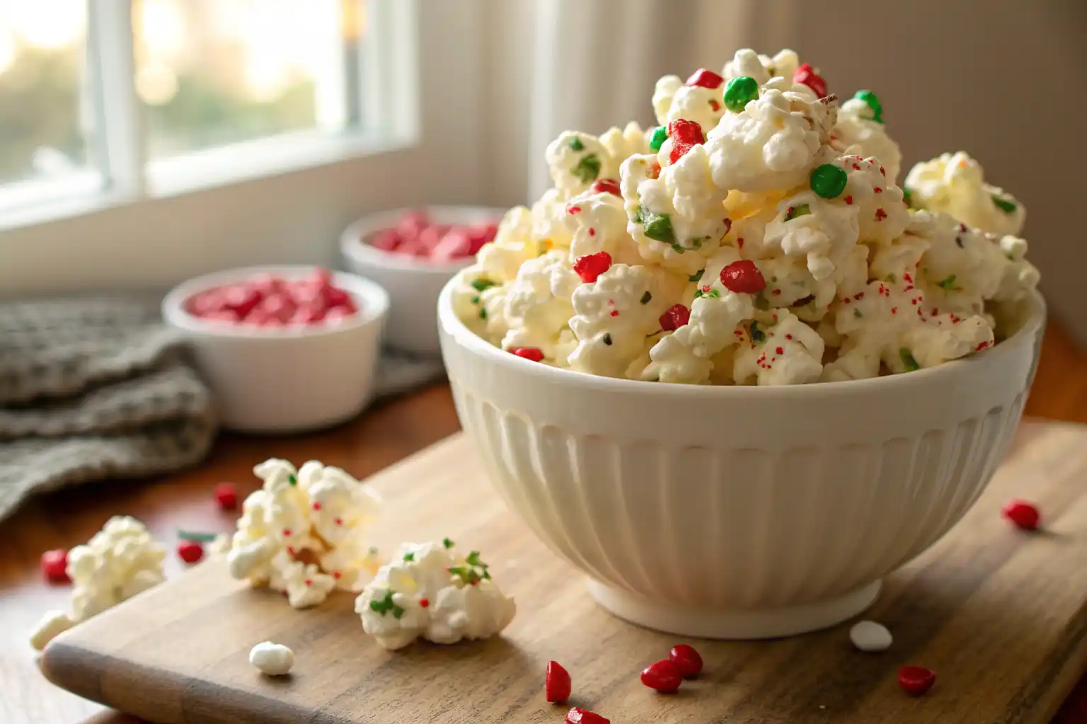Pouring melted white chocolate over popcorn and mixing in holiday candies.