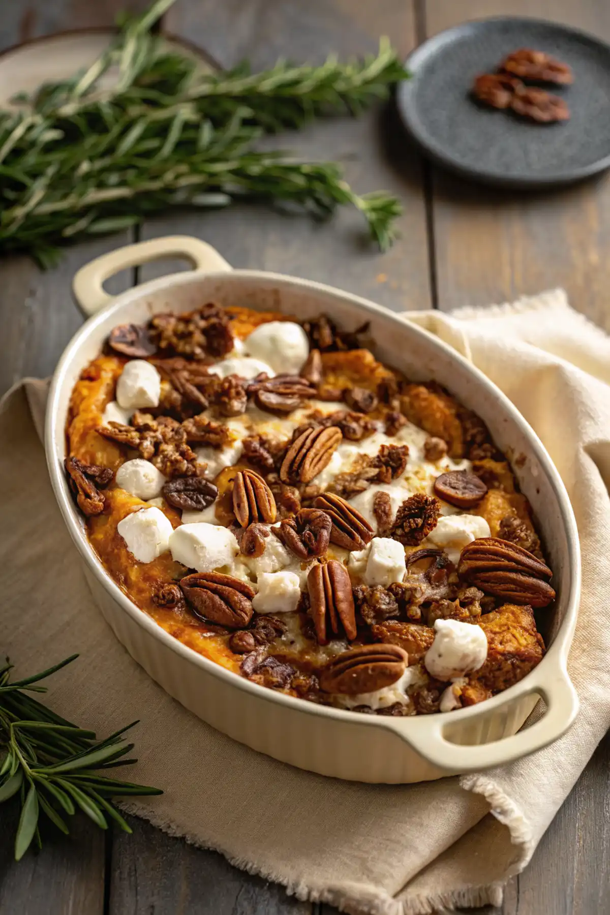Hands mashing sweet potatoes with maple syrup and cottage cheese for Southern Maple Sweet Potato Casserole filling.