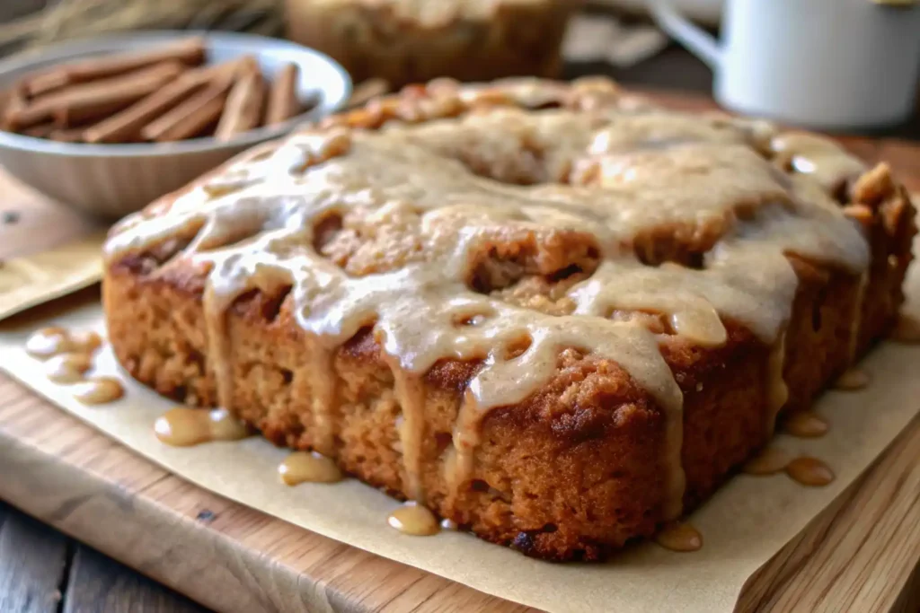 Close-up of moist apple cake with cinnamon icing cooling on a wooden board.