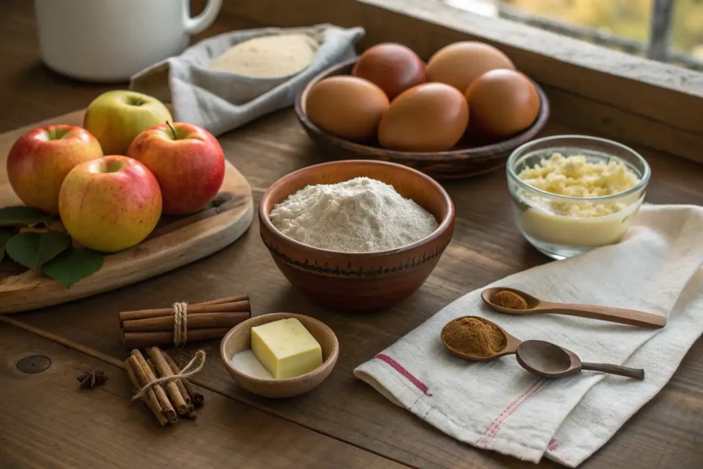Ingredients for moist apple cake with cinnamon icing arranged on a wooden counter.
