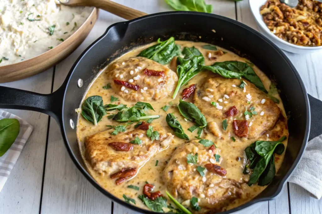 One pan chicken Florentine with cottage cheese, spinach, and sun-dried tomatoes in a creamy skillet.