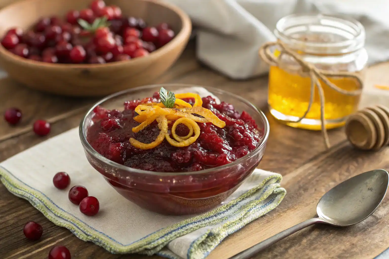 Organic cranberries simmering with honey and orange zest in a saucepan for homemade cranberry sauce.