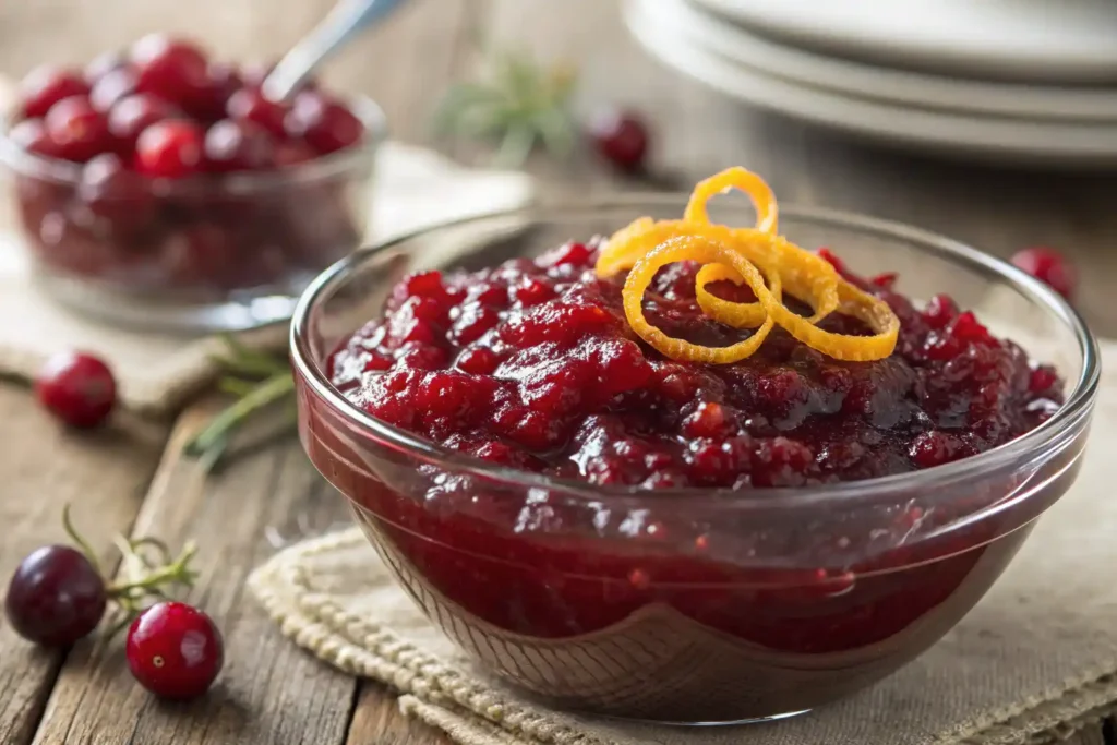Close-up of organic cranberry sauce topped with orange zest in a glass bowl on a rustic wooden table.