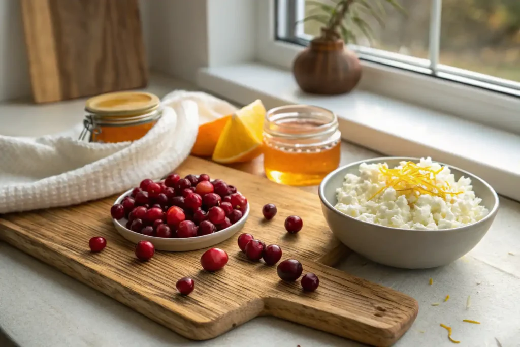 Fresh organic cranberries, honey, and orange zest arranged on a rustic wooden counter.
