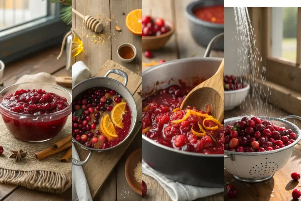 Step-by-step collage showing how to make organic cranberry sauce from fresh berries to finished dish.
