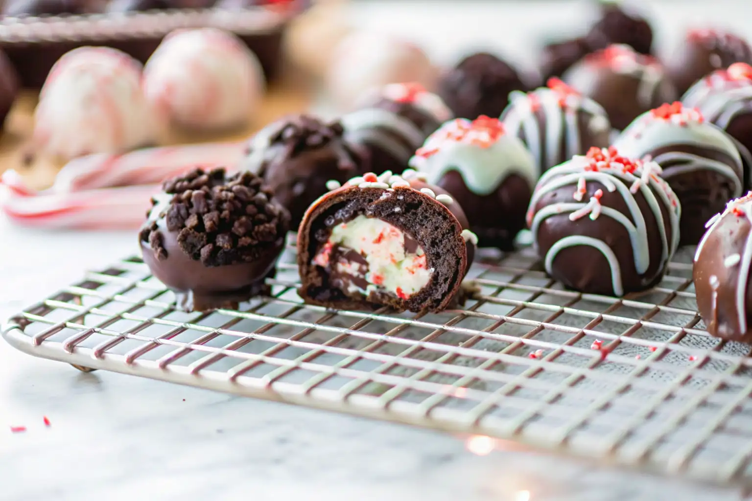 Peppermint Oreo truffle balls coated in chocolate and sprinkled with crushed candy canes