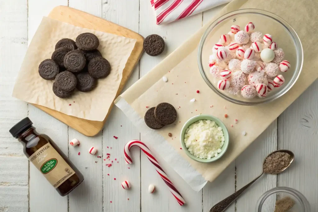 Ingredients for peppermint Oreo truffle balls including crushed Oreos, cream cheese, peppermint extract, and chocolate coating
