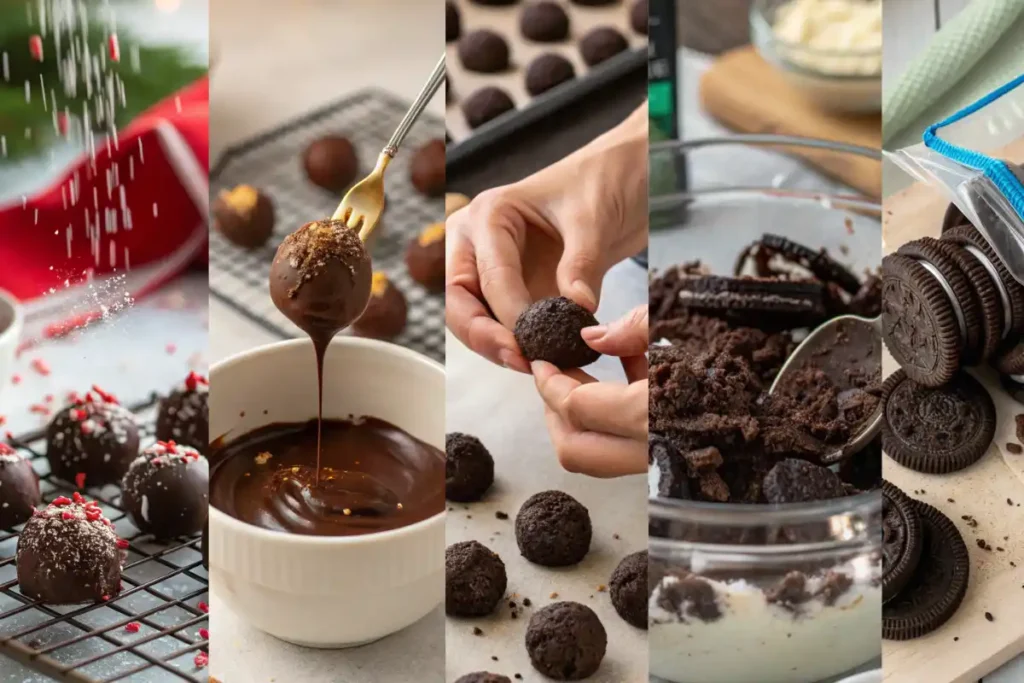 Step-by-step process for making peppermint Oreo truffle balls from crushing cookies to dipping in chocolate
