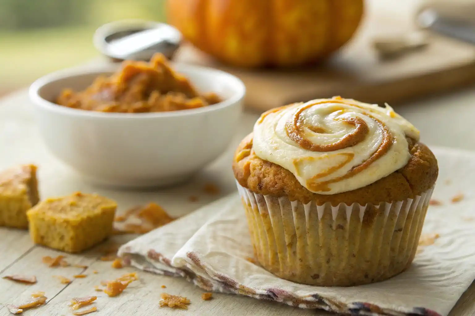 close up of moist pumpkin cream cheese muffins swirl with cheesecake filling and golden tops