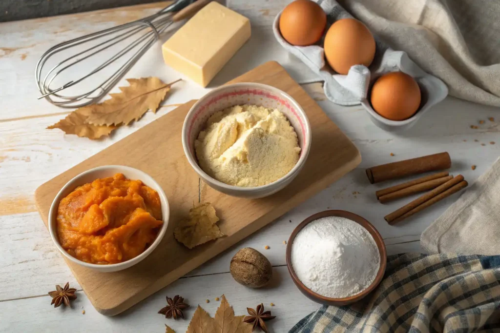 top view of ingredients for pumpkin cream cheese muffins swirl including pumpkin puree and cream cheese