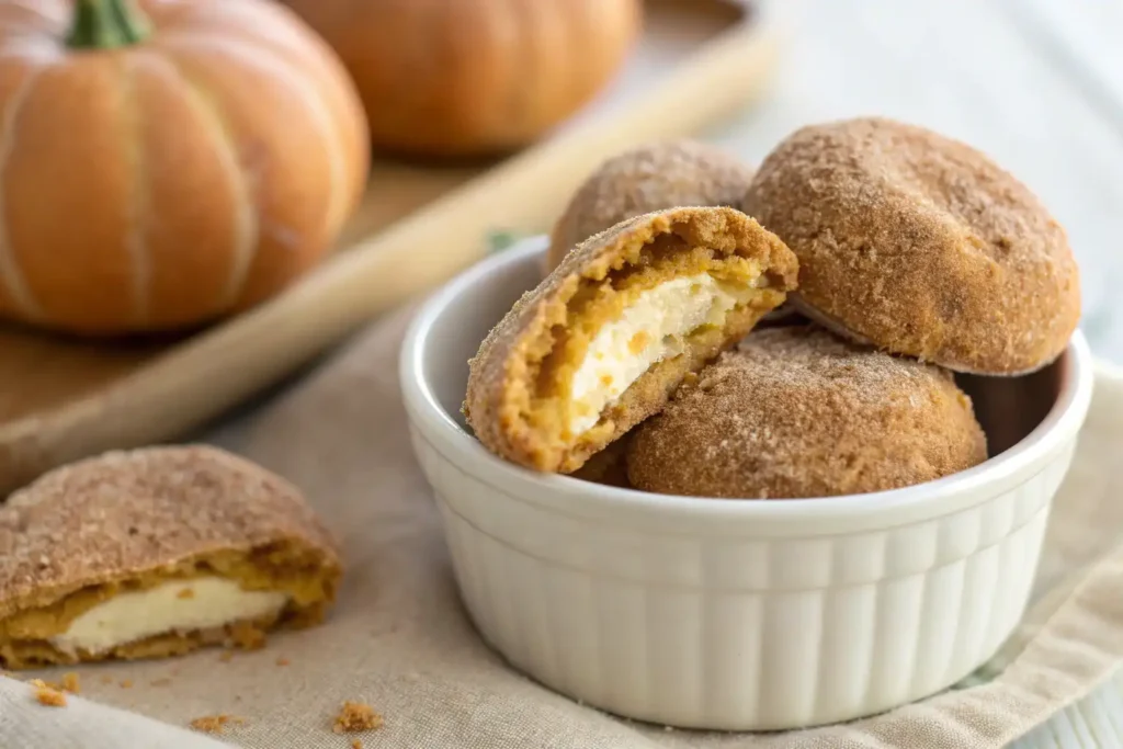 Pumpkin snickerdoodle cheesecake with creamy filling and cinnamon sugar coating served as a cozy fall dessert.