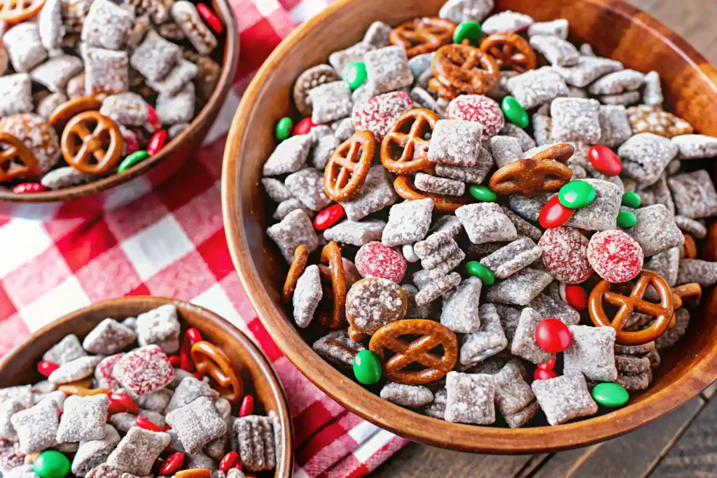 Reindeer chow gluten free snack mix with pretzels, Chex cereal, and red candies in a wooden bowl.