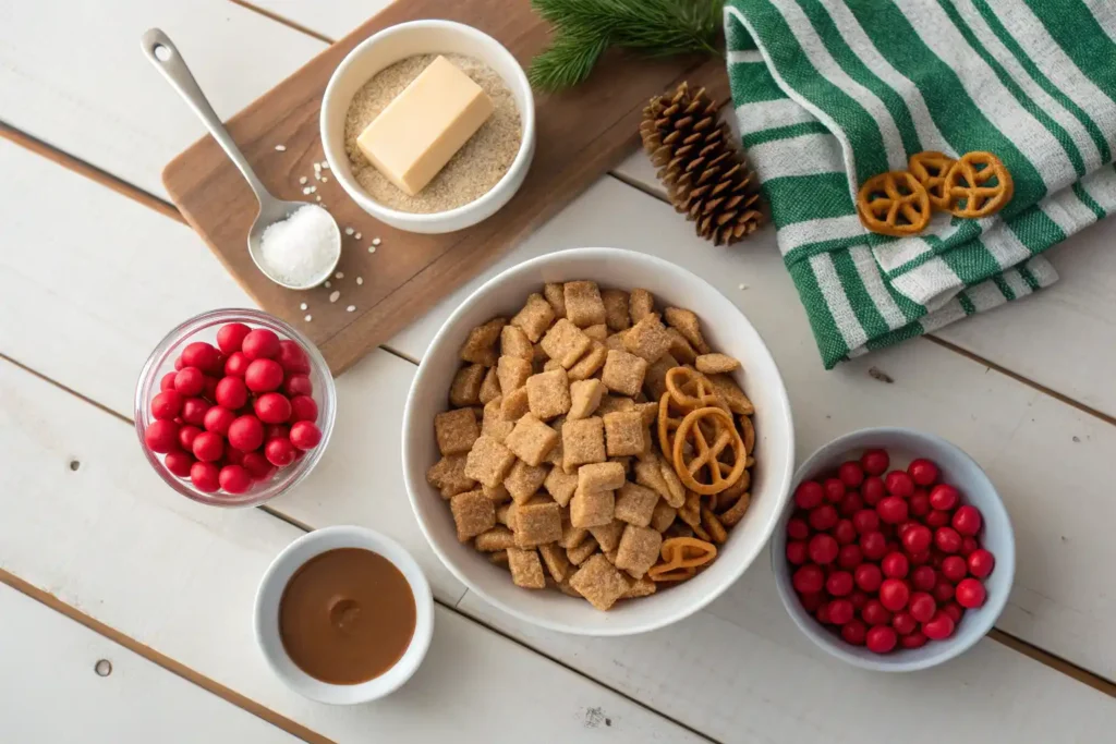 Ingredients for reindeer chow gluten free including Chex cereal, white chocolate, and peanut butter on a wooden counter.

