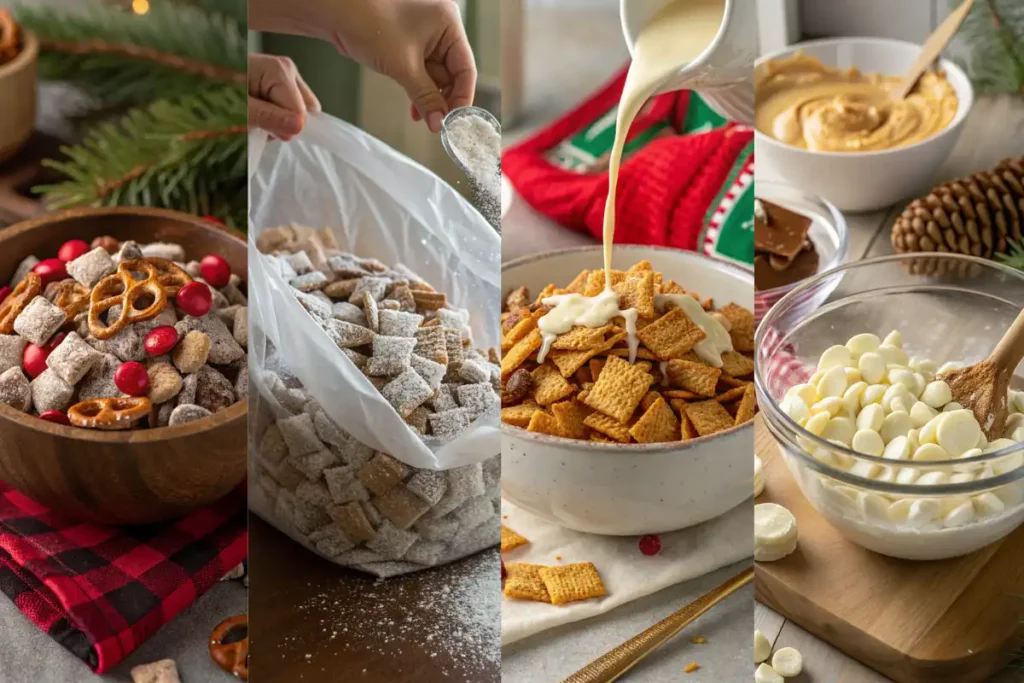 Step-by-step collage showing how to make reindeer chow gluten free with chocolate coating, powdered sugar, and pretzels.

