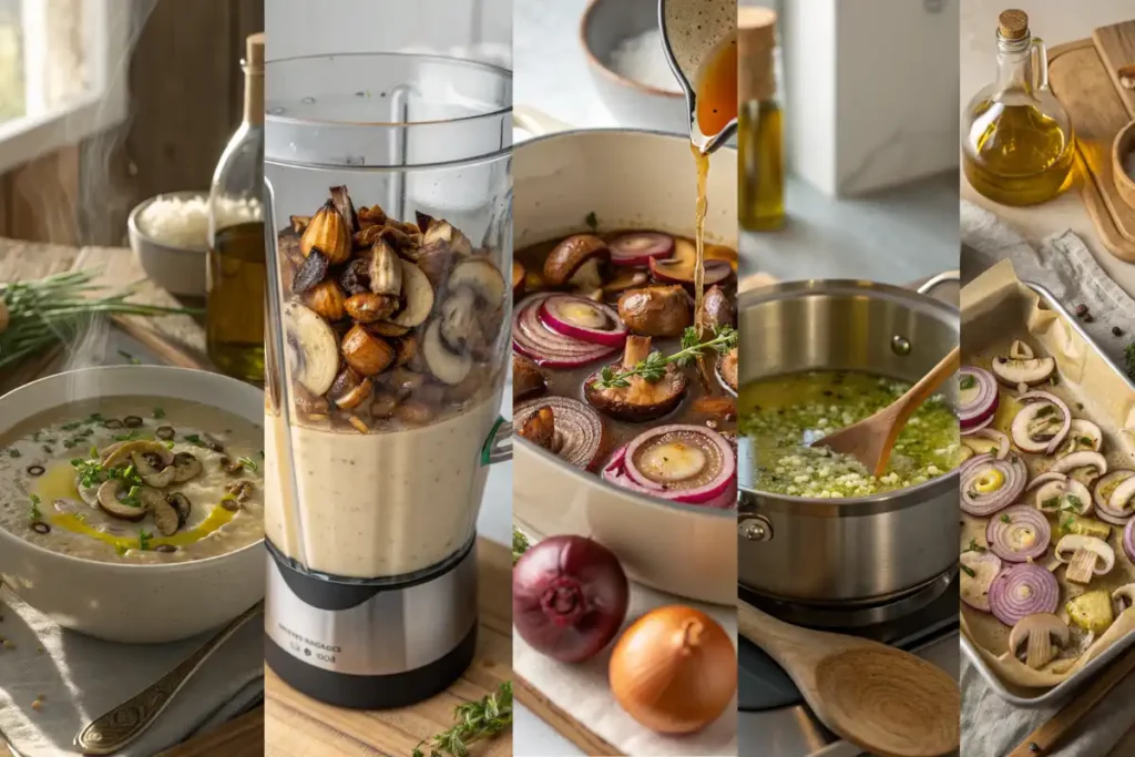 step by step process of making roasted onion mushroom soup from roasting vegetables to blending and serving
