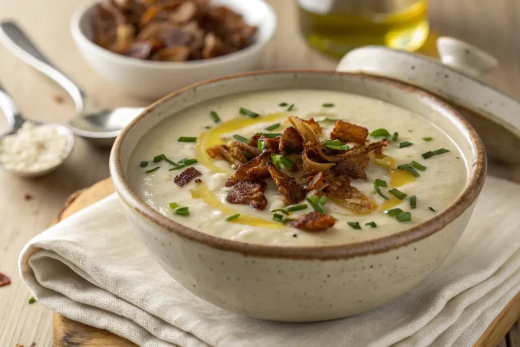 creamy roasted onion mushroom soup topped with caramelized onions and fresh chives
