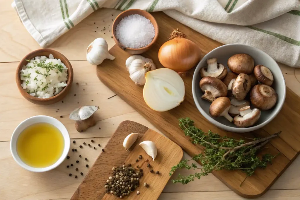 fresh mushrooms, onions, garlic, herbs, olive oil, and cottage cheese for roasted onion mushroom soup