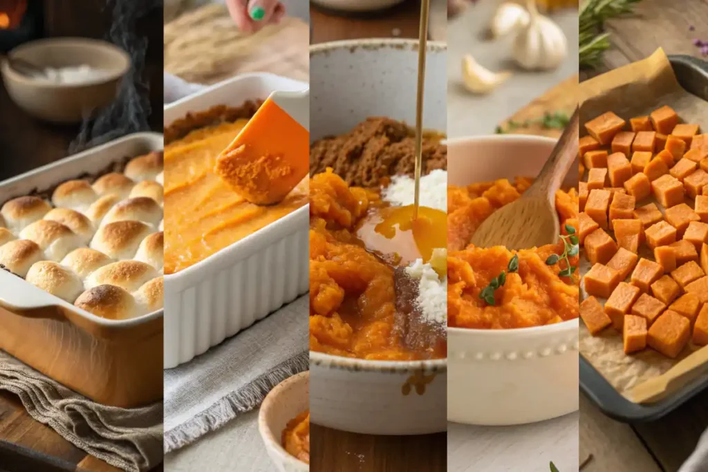 Step-by-step collage showing how to make a healthier sweet potato casserole with marshmallows from roasting to baking.