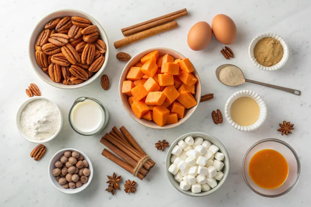 Ingredients for healthier sweet potato casserole with marshmallows arranged on a counter.