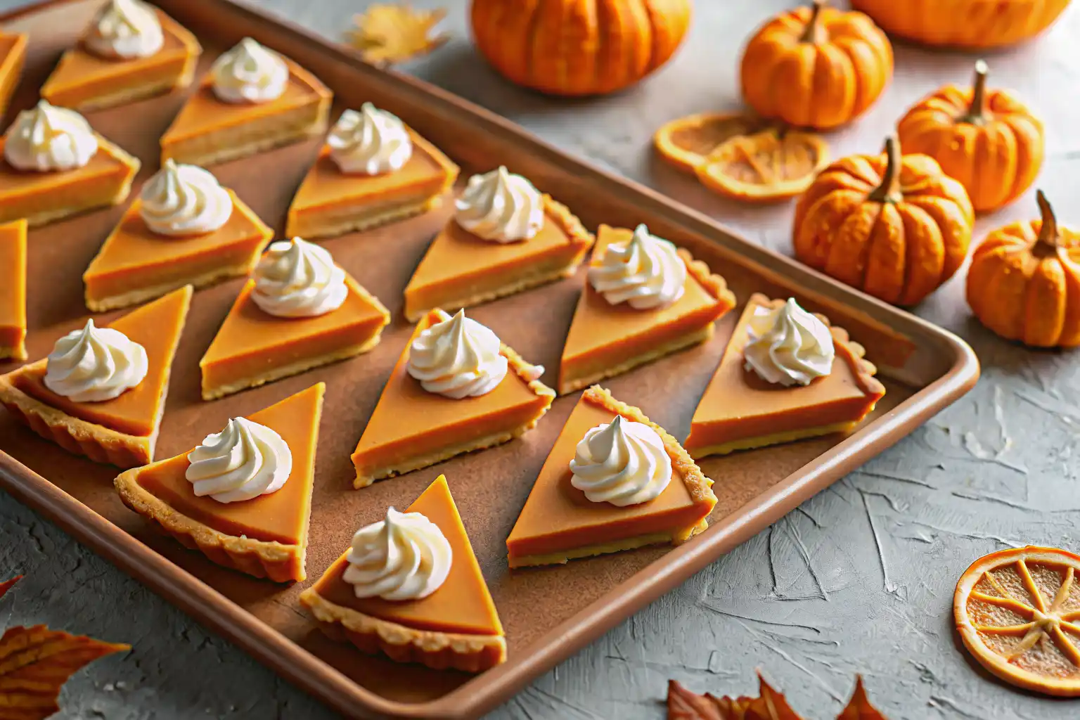 Cheese and cracker pumpkin pie bites topped with whipped cream cheese dollop on a copper tray.