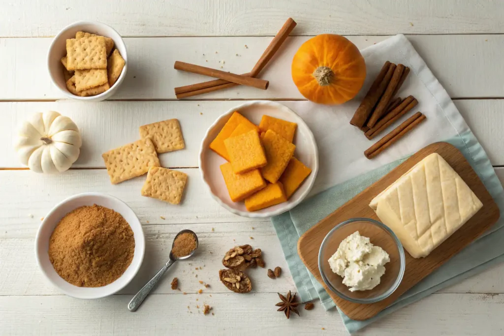 Ingredients for cheese and cracker pumpkin pie including Triscuit Thin Crisps, cheddar slices, pumpkin puree, cottage cheese, and whipped cream cheese.
