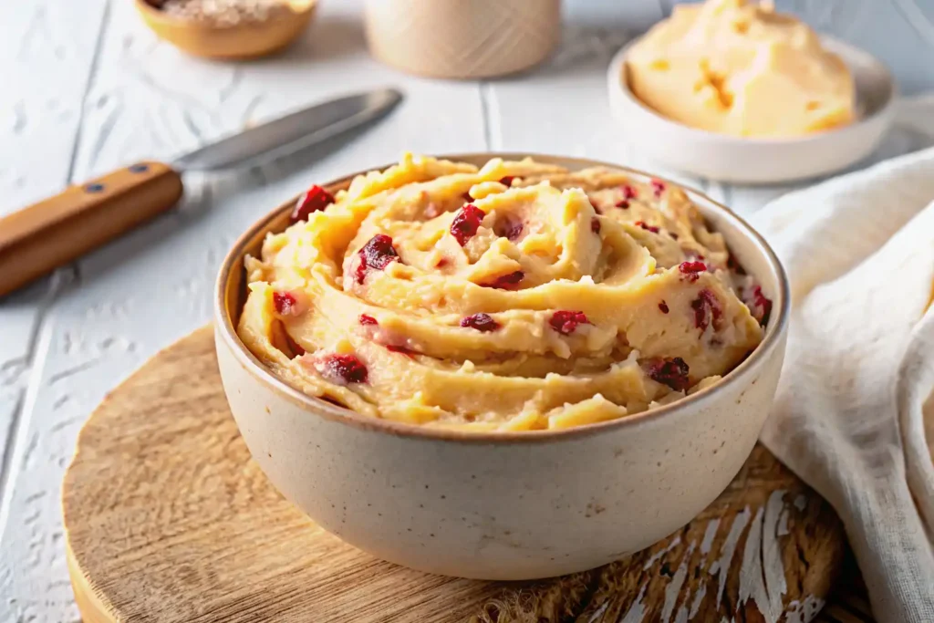 Creamy cranberry honey butter in a ceramic bowl with visible cranberry bits on a wooden board.