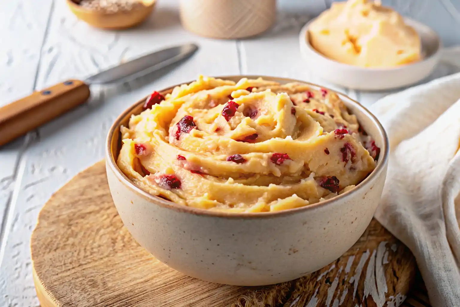 Creamy cranberry honey butter in a ceramic bowl with visible cranberry bits on a wooden board.