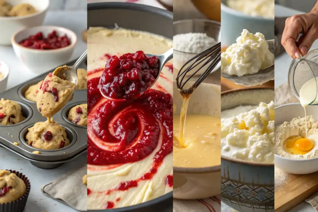 Step by step collage showing muffin batter being mixed, cranberry sauce swirled in, streusel topping added, and golden muffins cooling on a rack.