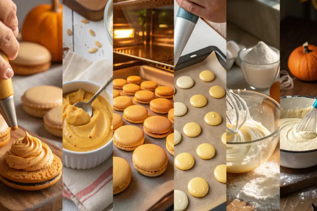 Step-by-step process showing how to make Pumpkin Pie Macarons from start to finish.