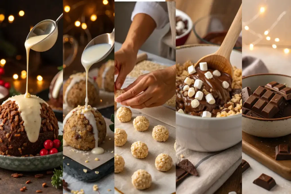 White chocolate being drizzled over Rice Krispie Christmas Puddings.
