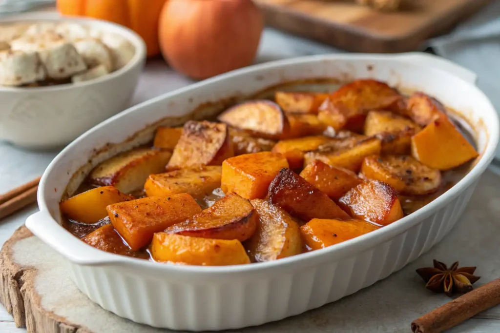 Close-up of butternut squash and apples baked with cinnamon brown sugar glaze
