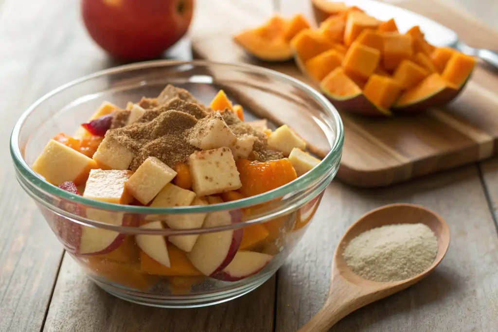 Cubes of butternut squash and sliced apples mixed with cinnamon brown sugar glaze in a bowl