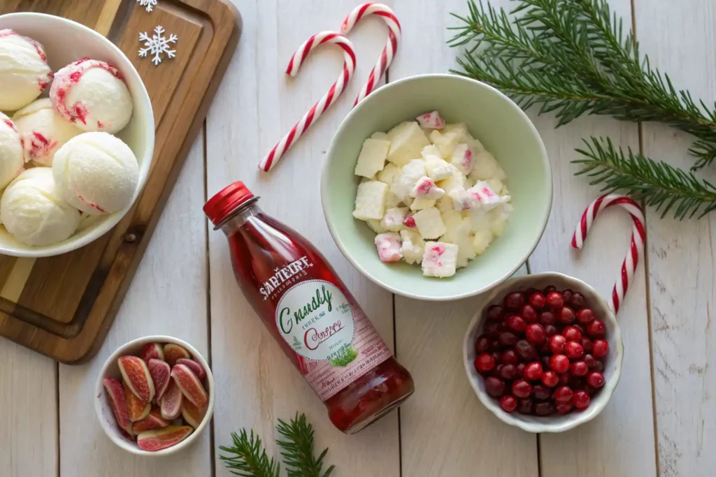 Ingredients for Candy Cane Christmas Punch displayed on a wooden table.
