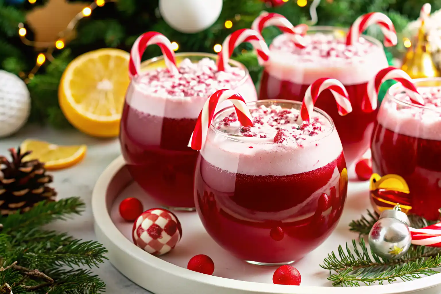 Candy Cane Christmas Punch bowl topped with peppermint ice cream and crushed candy canes.