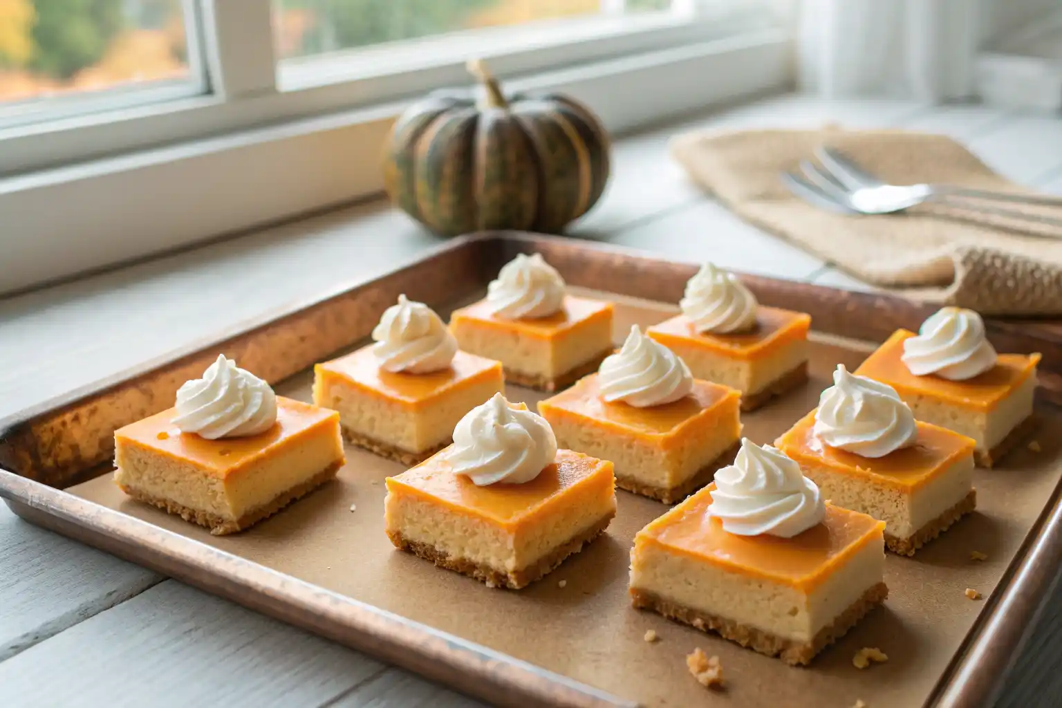 Mini cheese and cracker pumpkin pie bites with whipped cream topping on a baking sheet. Caption: Small slices of cheese and cracker pumpkin pie topped with whipped cream cheese, perfect for fall gatherings.
