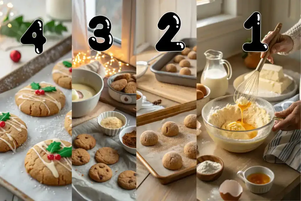 Step-by-step collage showing how to make maple cinnamon cookies with white chocolate, from mixing dough to the white chocolate dip.