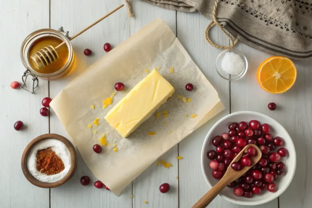 Ingredients for cranberry honey butter including butter, honey, and cranberries.
