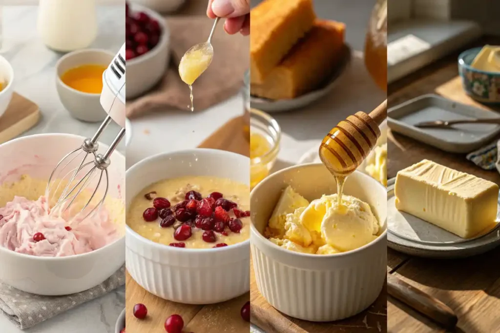 Step-by-step images showing how to make cranberry honey butter from ingredients to finished spread.