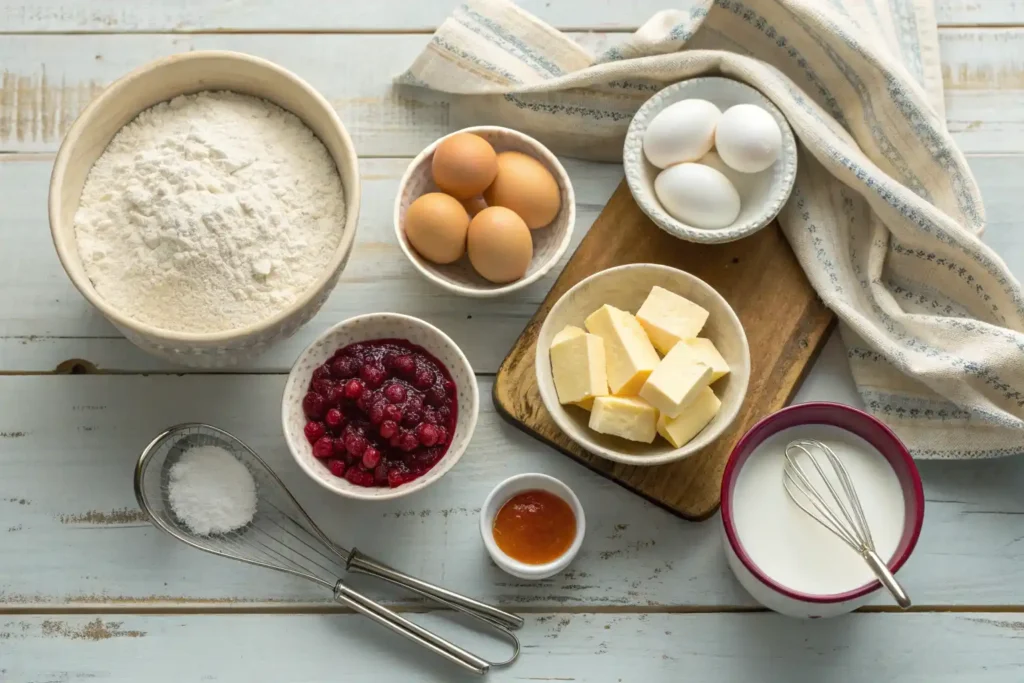 Ingredients for leftover cranberry sauce muffins including flour, sugar, eggs, milk, and cranberry sauce arranged on a rustic wooden table.