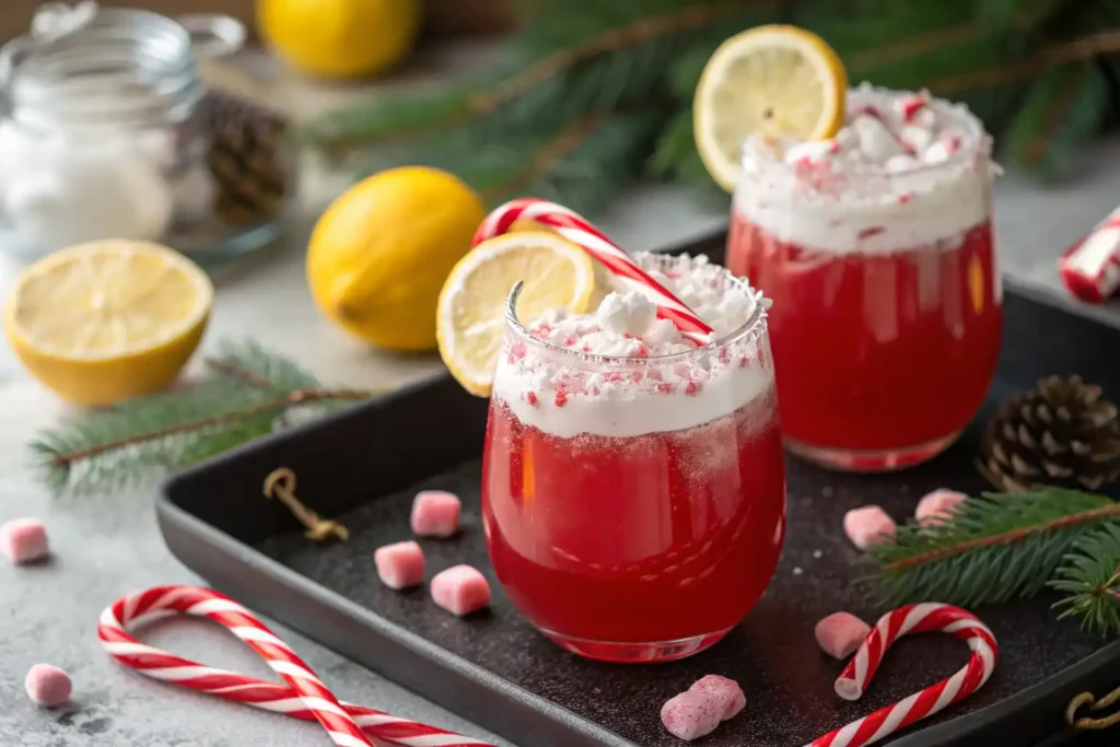 Glasses of Candy Cane Christmas Punch served with crushed candy canes.
