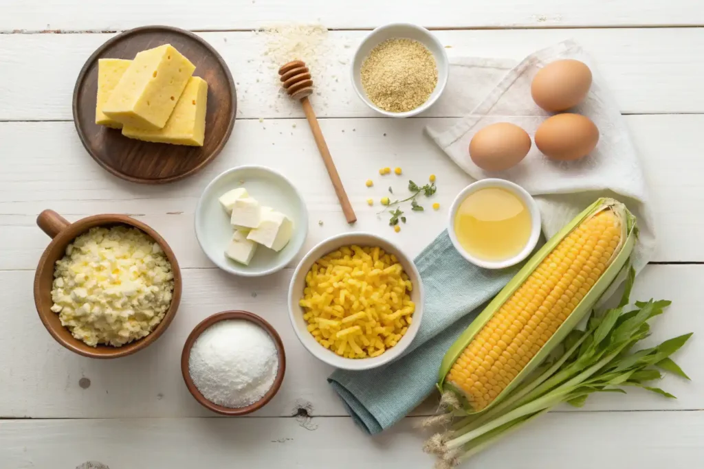 Honey glazed corn casserole Recipe bowls of cornmeal, creamed corn, whole corn, sour cream, cottage cheese, and honey on a wooden table