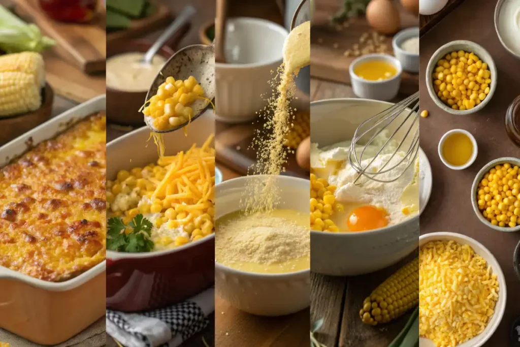 step by step collage showing mixing corn casserole batter, pouring into dish, and adding honey glaze