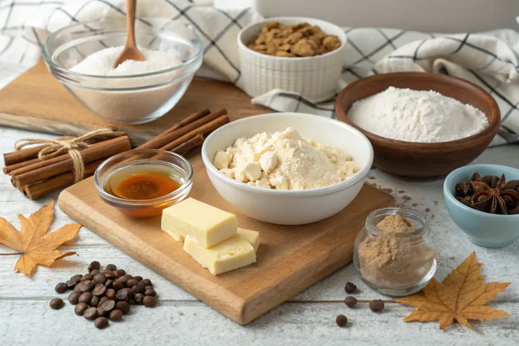 Ingredients for maple cinnamon cookies with white chocolate arranged on a rustic kitchen counter with flour, butter, brown sugar, cinnamon, maple extract, cottage cheese, and white chocolate chips.